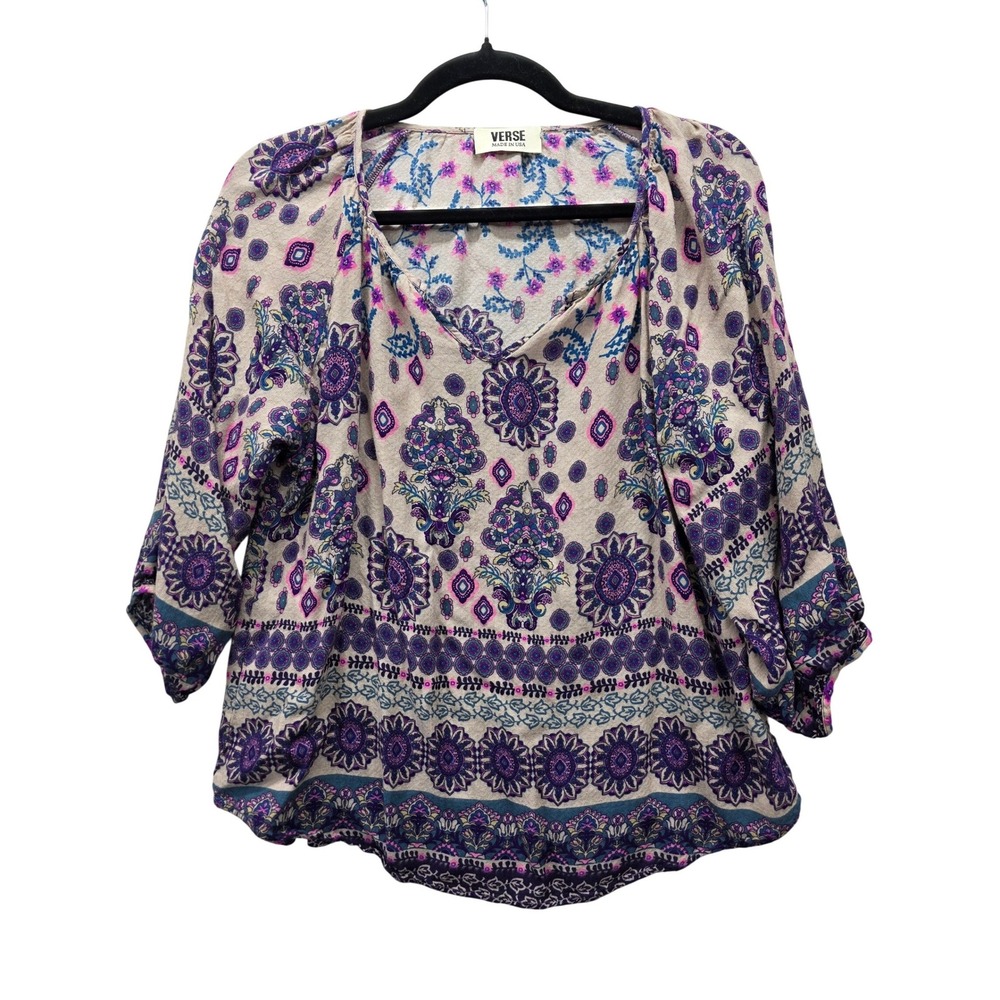 Verse Made in USA Women Large Purple Boho Paisley Rayon V-Neck Blouse 1427TPH